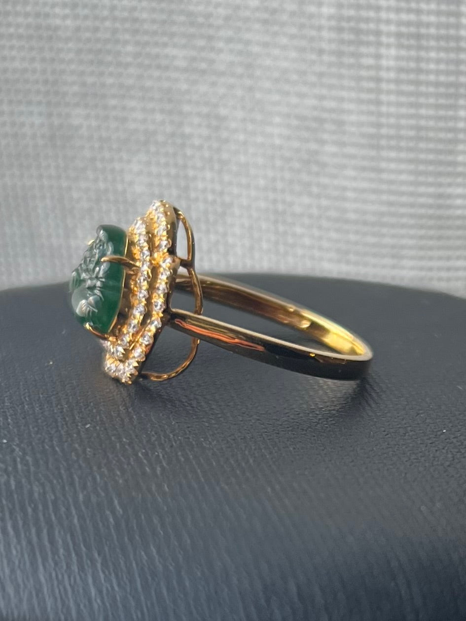 18ct Yellow Gold Jade Buddha & Diamond Set Ring - Q