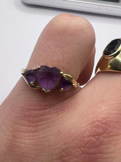 Quality 10ct Yellow Gold Heart Amethyst Trilogy Ring - Q