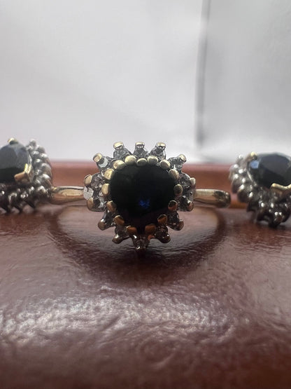 Quality 9ct Yellow Gold Sapphire & Diamond Ring & Earrings Set - L