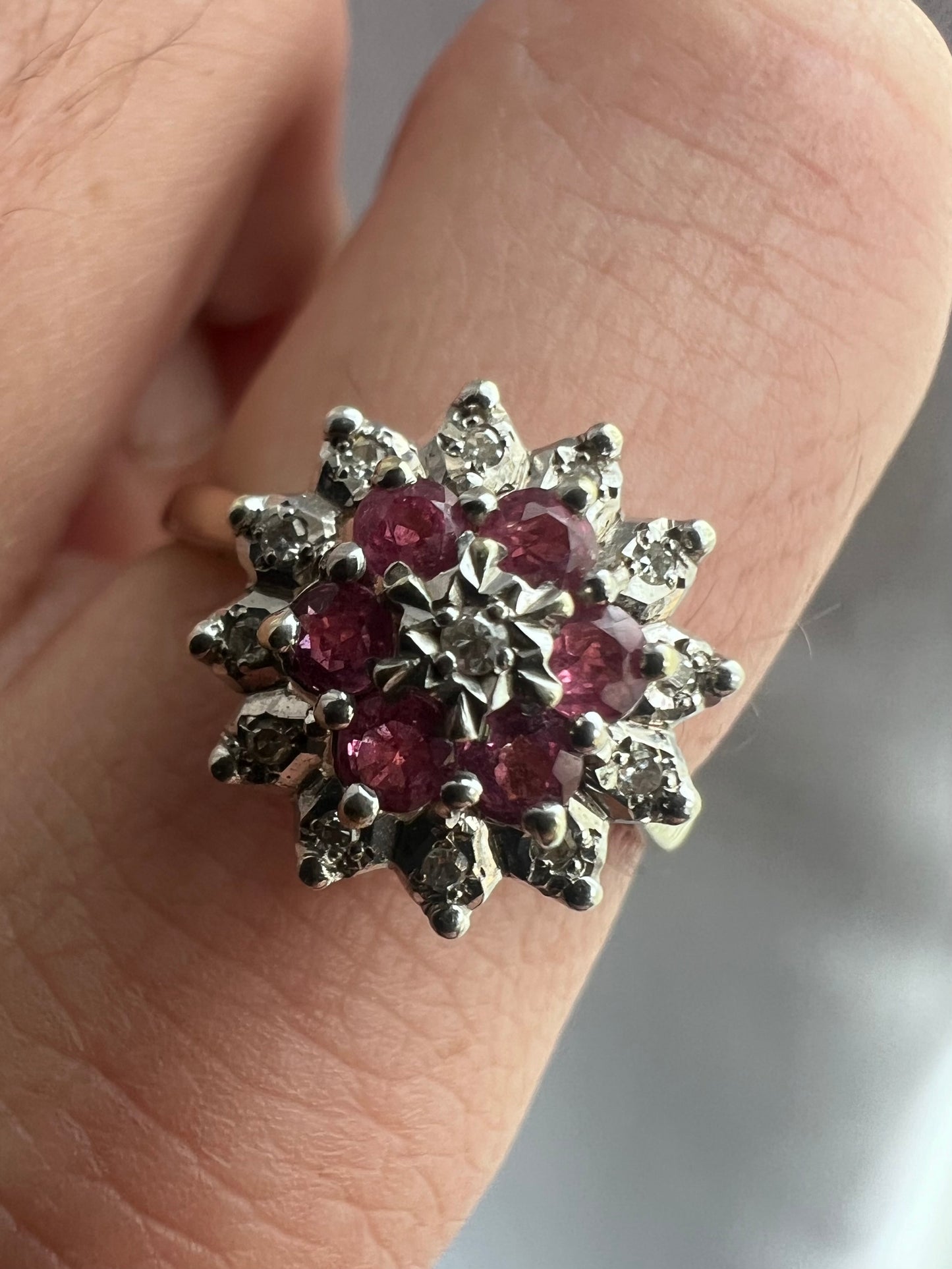 Vintage 9ct Yellow Gold Ruby & Diamond Cluster Ring - T