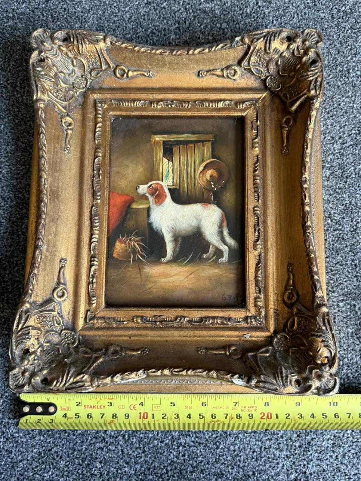 Charming Vintage Dog Painting in Ornate Frame - Singed "G Roy"