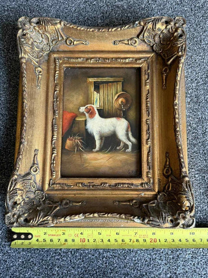 Charming Vintage Dog Painting in Ornate Frame - Singed "G Roy"