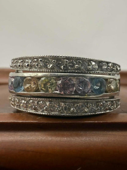 Quality 925 Silver Double Sided Gem Set Cluster Ring • Size -N • 5.78 Grams