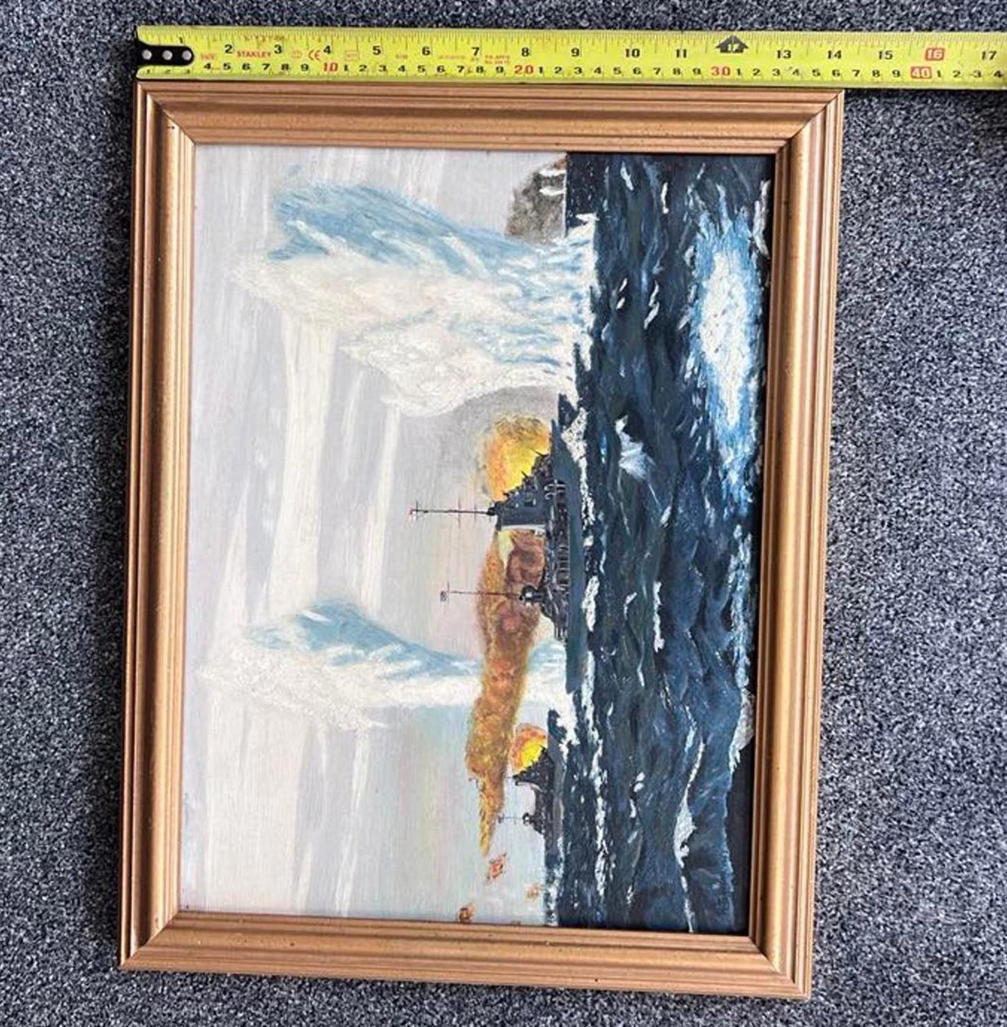 Dramatic Naval Battle Oil Painting - 1965 - Signed "H Johnson"