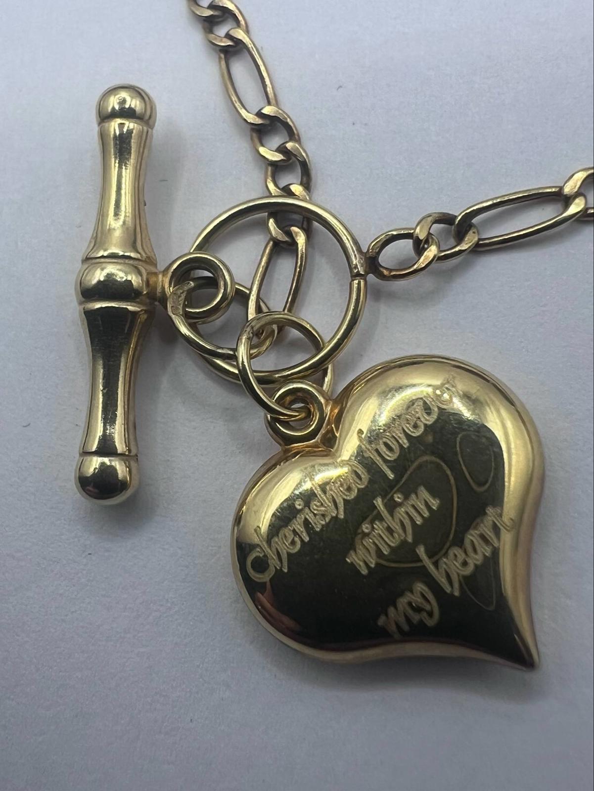 Quality 9ct Yellow Gold Heart Figaro Chain Bracelet • 7 Inch • 2.03 Grams