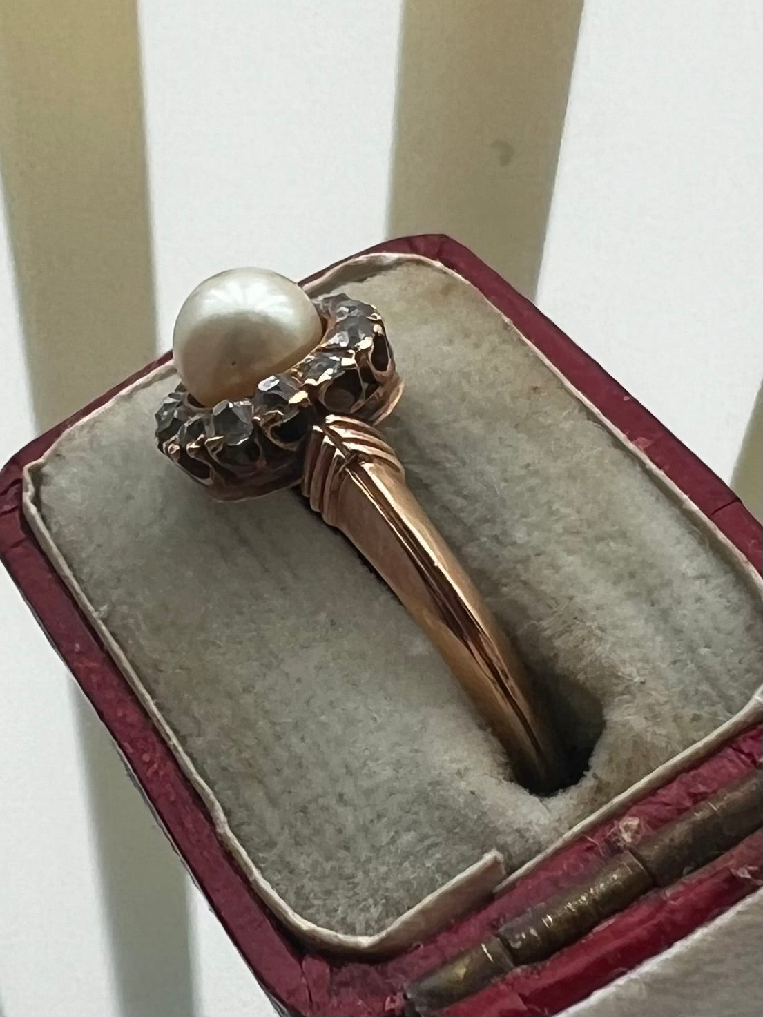 Antique 15ct Rose Gold Pearl & Old Cut Diamond 0.65ct Cluster Ring - K