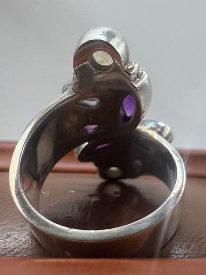 Unique 925 Sterling Silver Amethyst & Moonstone Ring - L