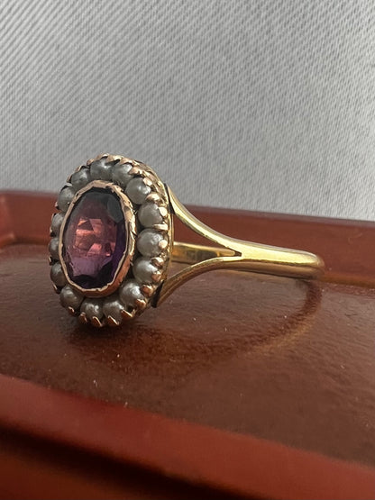 Antique 18ct Yellow Gold Amethyst & Seed Pearl Cluster Ring - S