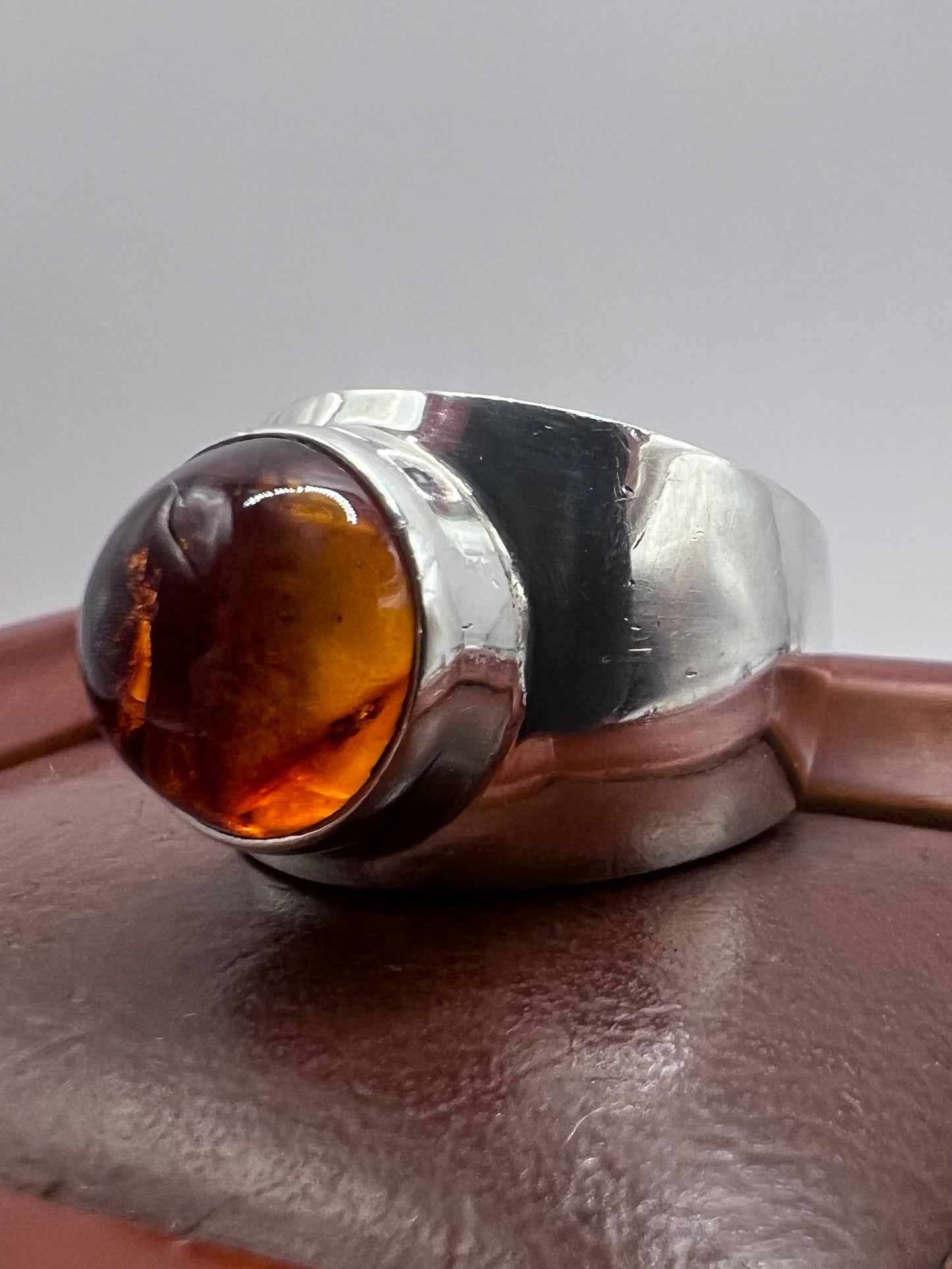 Quality 925 Mexican Silver Cabochon Amber Ring • Size - O½