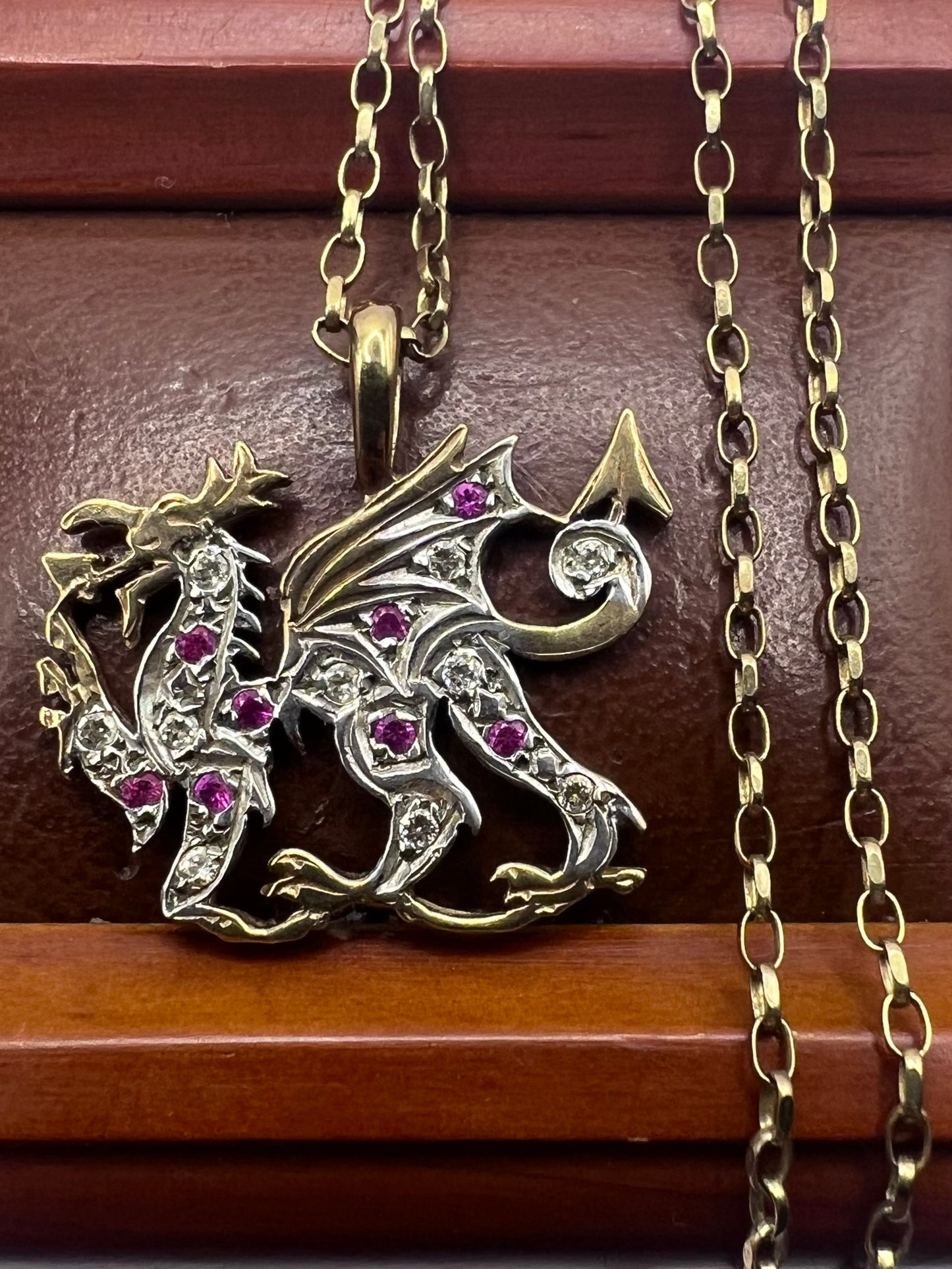 Quality 9ct Yellow Gold Ruby & Diamond Dragon Pendant & Chain • 5.84 Grams