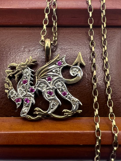 Quality 9ct Yellow Gold Ruby & Diamond Dragon Pendant & Chain • 5.84 Grams