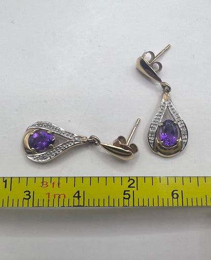 Vintage 9ct Yellow Gold Amethyst & Diamond Dangle Earrings • 2.21 Grams