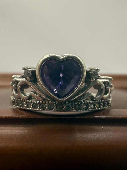 Quality 925 Sterling Silver Amethyst Set Crown Ring • 2.52 Grams • Size - M