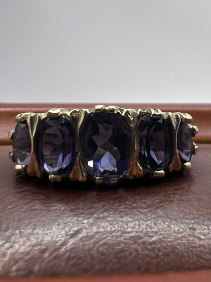 Vintage 9ct Yellow Gold 5 Stone Amethyst Ring • Size - O