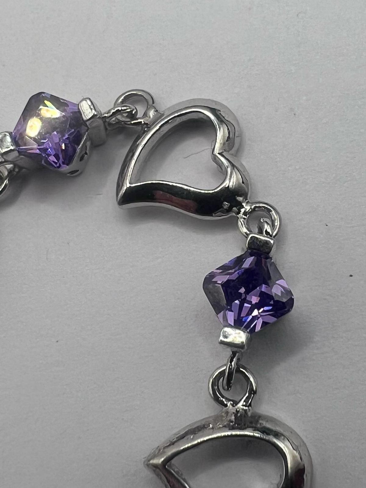 Quality 925 Sterling Silver Amethyst Heart Bracelet - 8.27 Grams - 6.5"