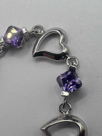 Quality 925 Sterling Silver Amethyst Heart Bracelet - 8.27 Grams - 6.5"