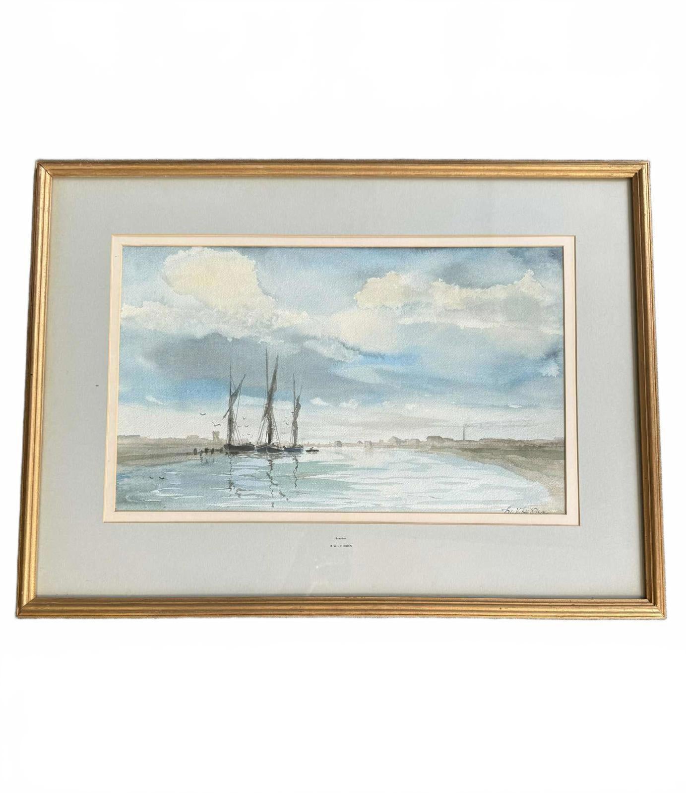 Vintage Watercolour of Boats on Norfolk Broads Gold Frame - Signed
