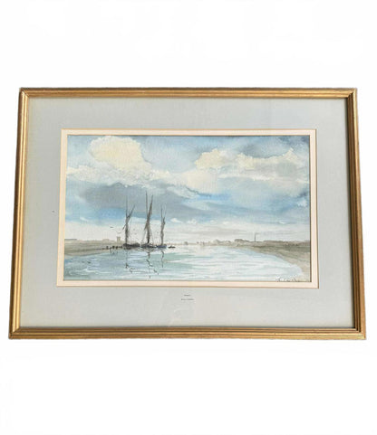 Vintage Watercolour of Boats on Norfolk Broads Gold Frame - Signed
