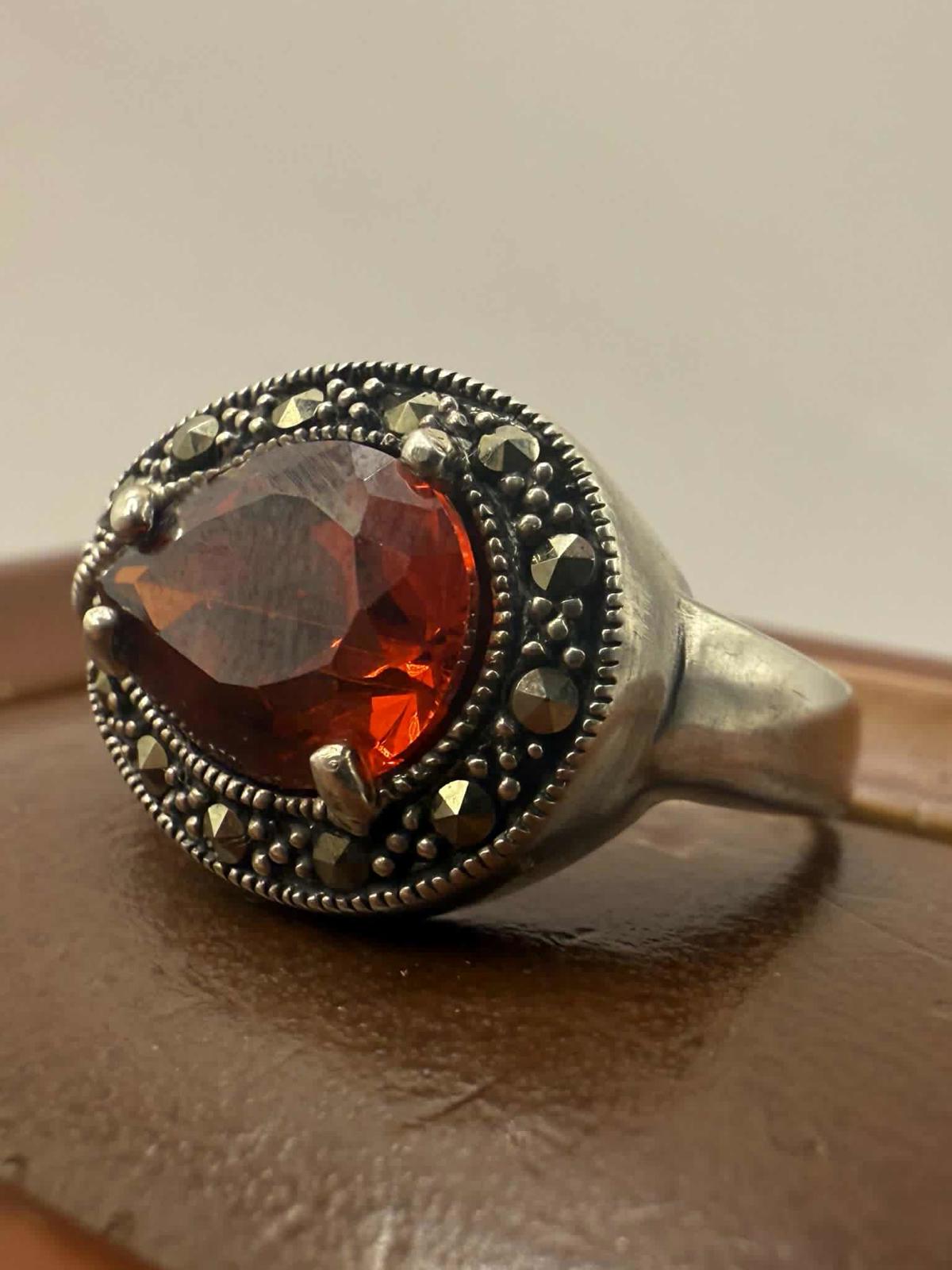 Quality 925 Sterling Silver Red Stone Cluster Ring • Size - Q • 4.46 Grams
