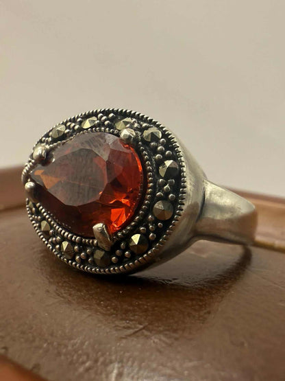 Quality 925 Sterling Silver Red Stone Cluster Ring • Size - Q • 4.46 Grams