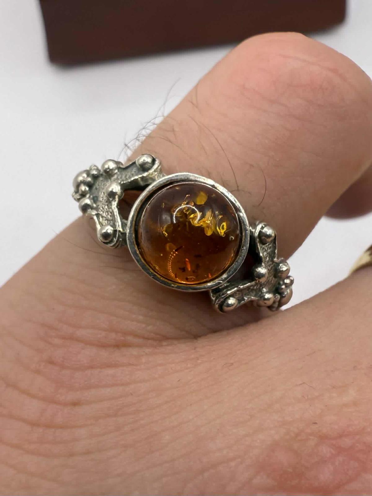Quality 925 Sterling Silver Amber Set Ring • Size - O½  • 3.21 Grams