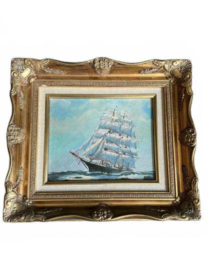 Vintage Ornate Framed Vibrant Maritime Oil Painting Set