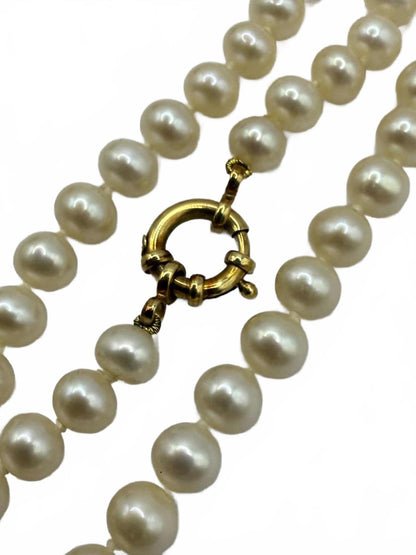 Quality 18ct Yellow Gold Clasp Long Pearl Necklace - 35 Inch - 47.52 Grams
