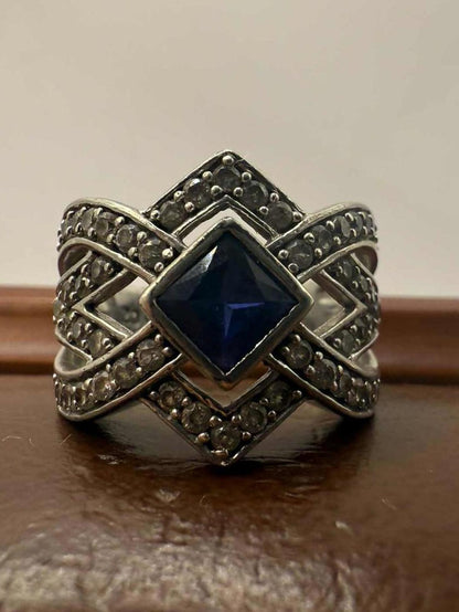 Quality 925 Sterling Silver Blue Stone Cluster Ring • Size - M • 5.85 Grams