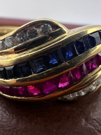 Quality 18ct Yellow Gold Sapphire, Ruby & Diamond Ring - N