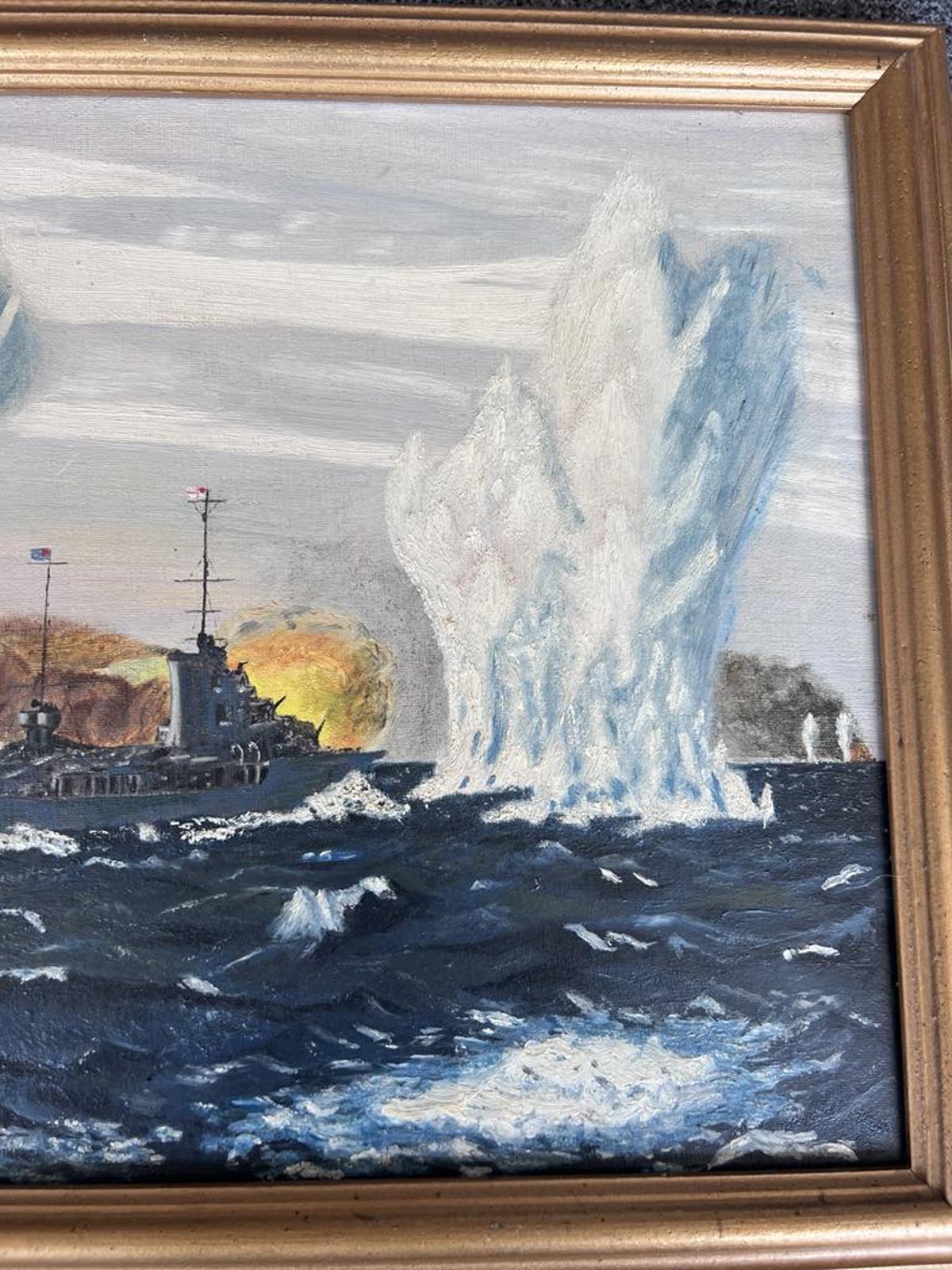 Dramatic Naval Battle Oil Painting - 1965 - Signed "H Johnson"