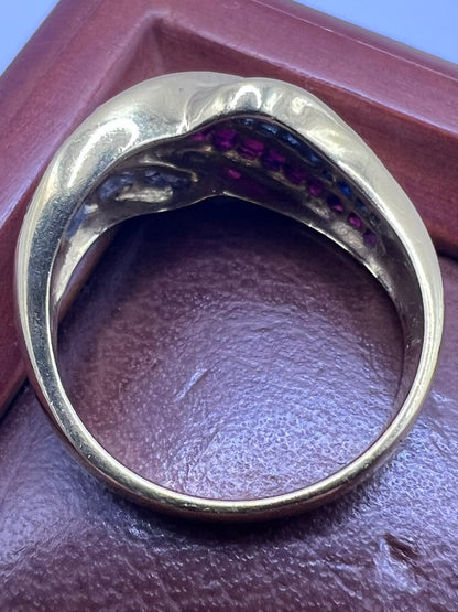 Quality 18ct Yellow Gold Sapphire, Ruby & Diamond Ring - N
