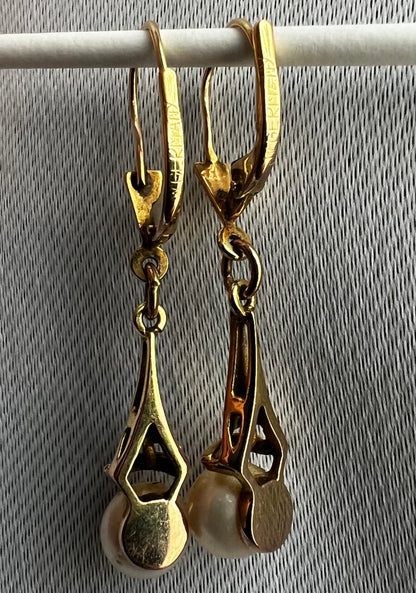 Vintage 9ct Yellow Gold German Pearl Dangle Earrings - 2.76 Grams