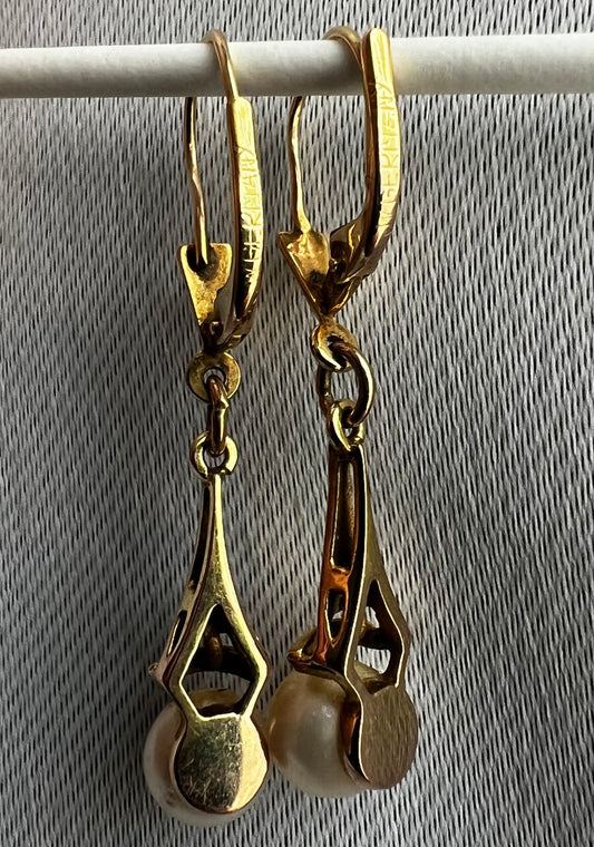 Vintage 9ct Yellow Gold German Pearl Dangle Earrings - 2.76 Grams