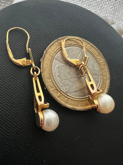 Vintage 9ct Yellow Gold German Pearl Dangle Earrings - 2.76 Grams