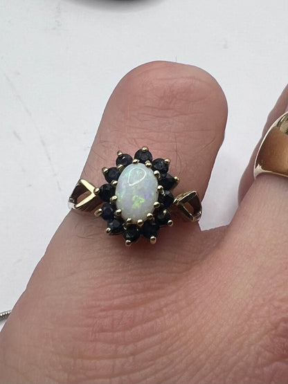 Vintage 9ct Yellow Gold Opal & Sapphire Cluster Ring - N½