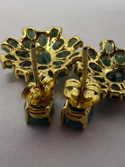 Quality 925 Gold Plated Emerald Cluster Dangle Earrings - 6.19 Grams
