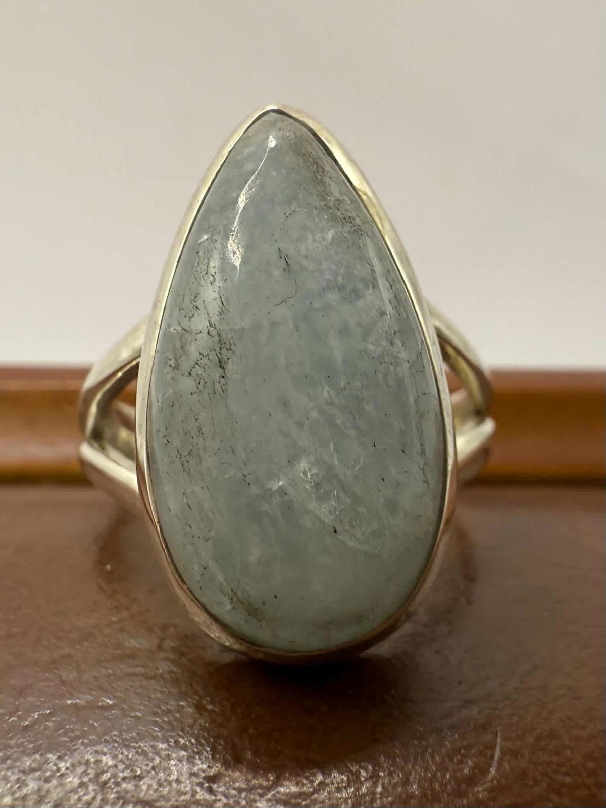 Quality 925 Sterling Silver Aquamarine Crystal Set Ring • Size - N • 5.55 Grams