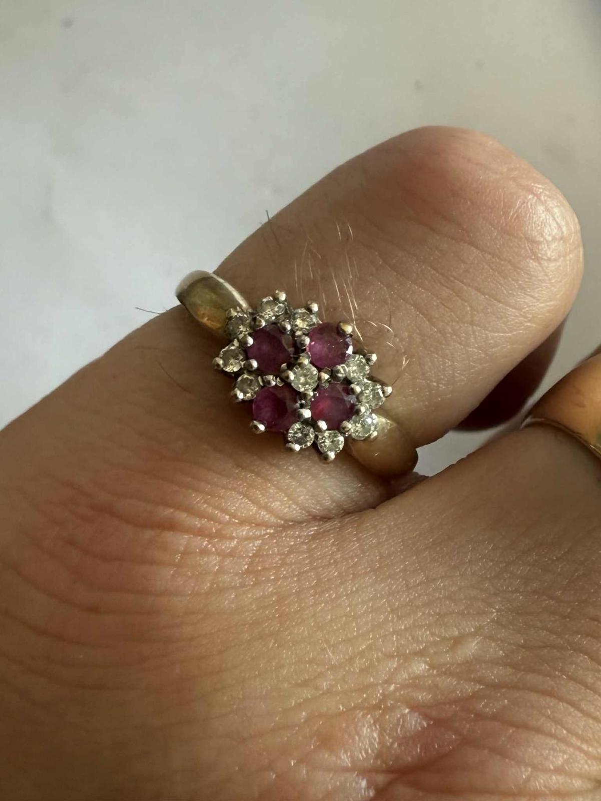 Vintage 9ct Yellow Gold Ruby & Diamond Cluster Ring • Size - O • 2.63 Grams