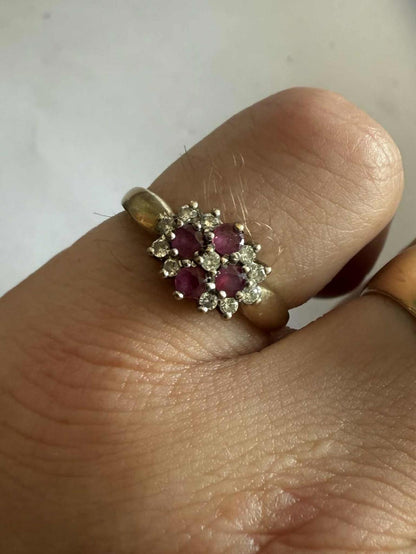 Vintage 9ct Yellow Gold Ruby & Diamond Cluster Ring • Size - O • 2.63 Grams