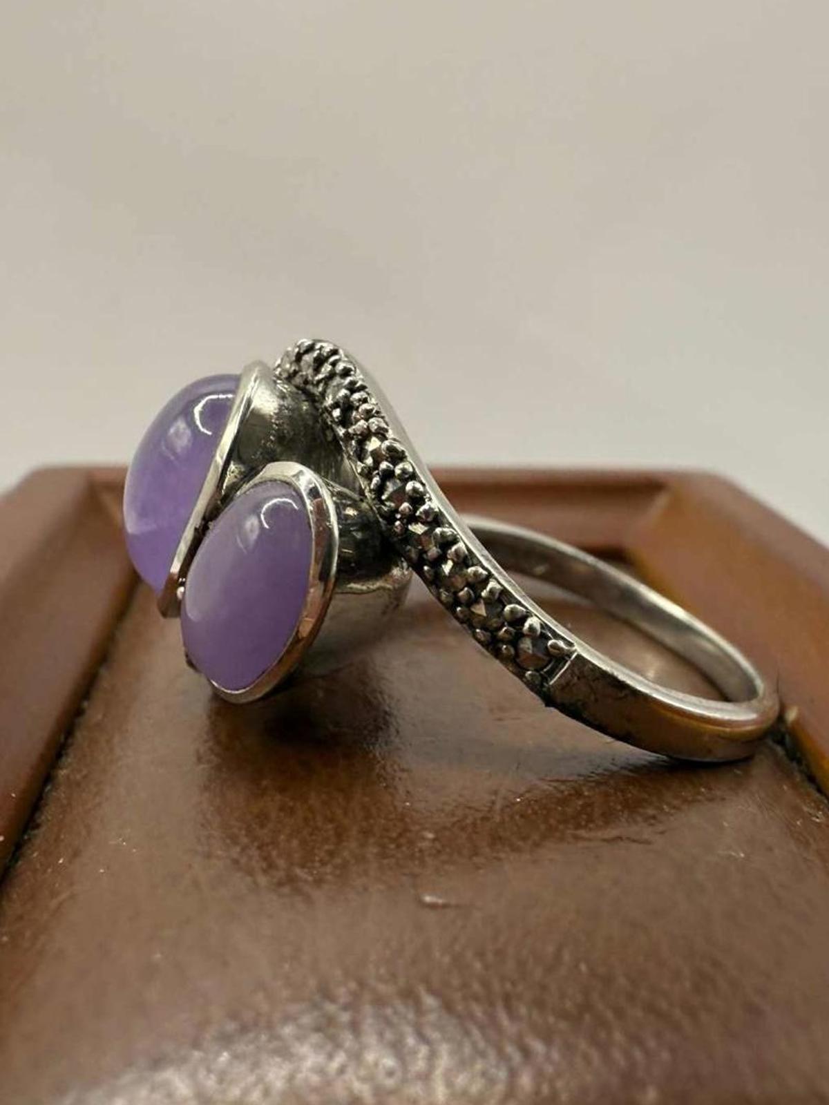 Quality 925 Sterling Silver Purple Stone Trilogy Ring • 7.21 Grams • Size - T