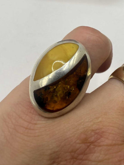 Quality 925 Sterling Silver Ambeer Set Ring • Size - P • 9.87 Grams