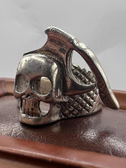 Quality 925 Sterling Silver Axe In Skull Ring • 14.40 Grams • Size - X