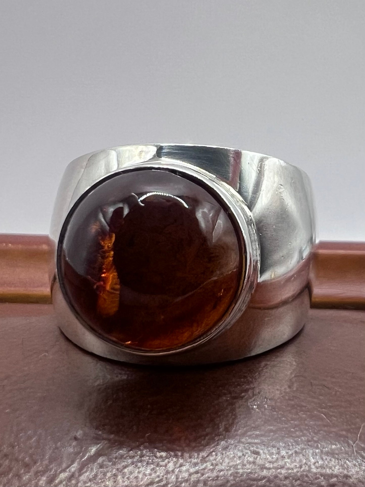 Quality 925 Mexican Silver Cabochon Amber Ring • Size - O½