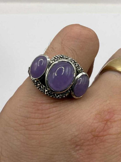 Quality 925 Sterling Silver Purple Stone Trilogy Ring • 7.21 Grams • Size - T