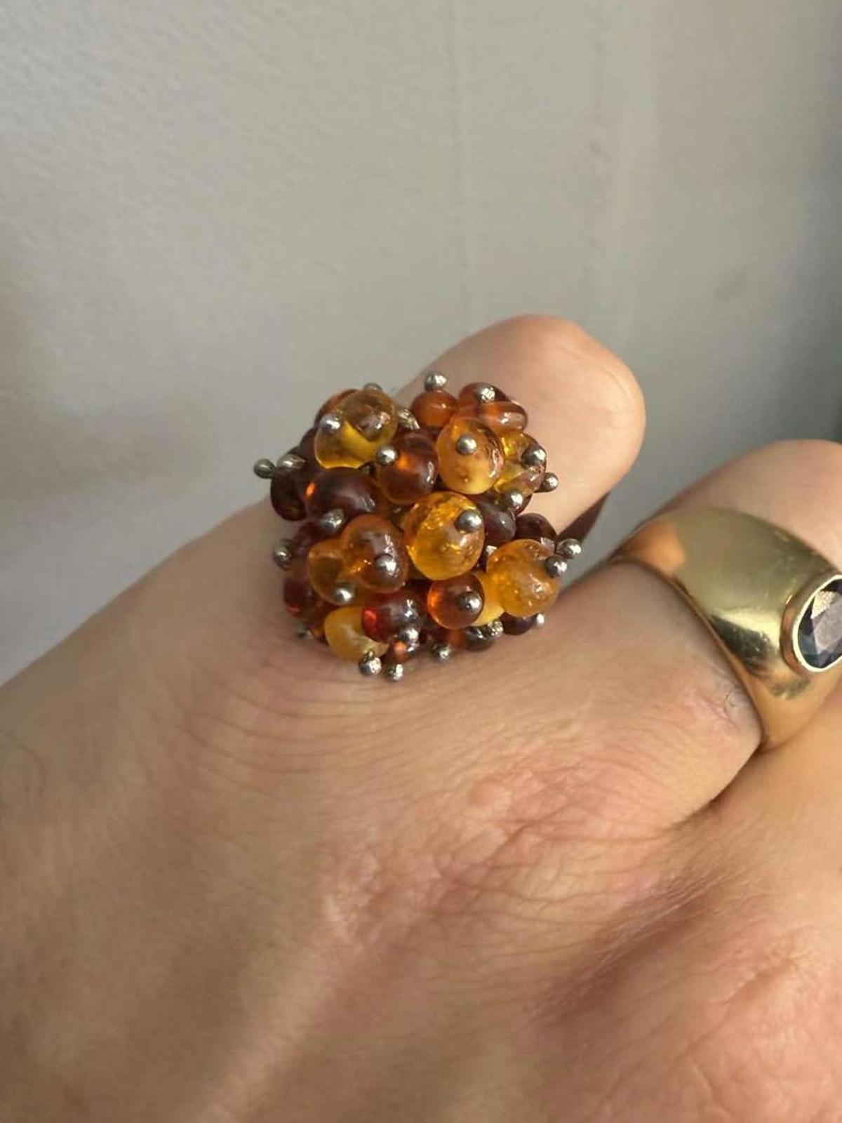 Unique 925 Sterling Silver Amber Cluster Ring • 7.46 Grams • Size - O½