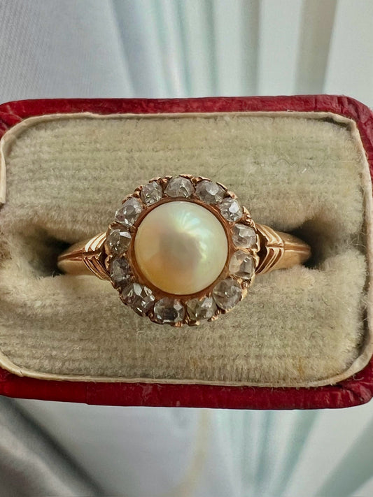 Antique 15ct Rose Gold Pearl & Old Cut Diamond 0.65ct Cluster Ring - K