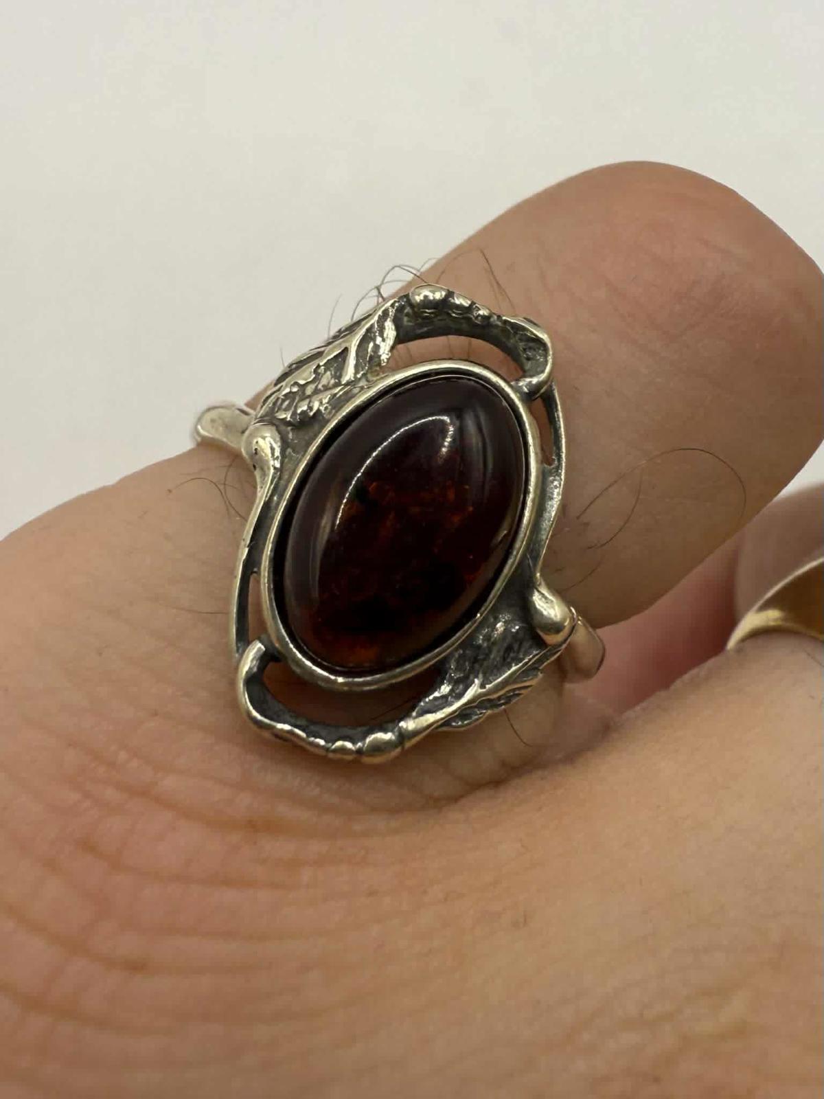 Quality 925 Sterling Silver Baltic Amber Set Ring • Size - P½ • 3.27 Grams