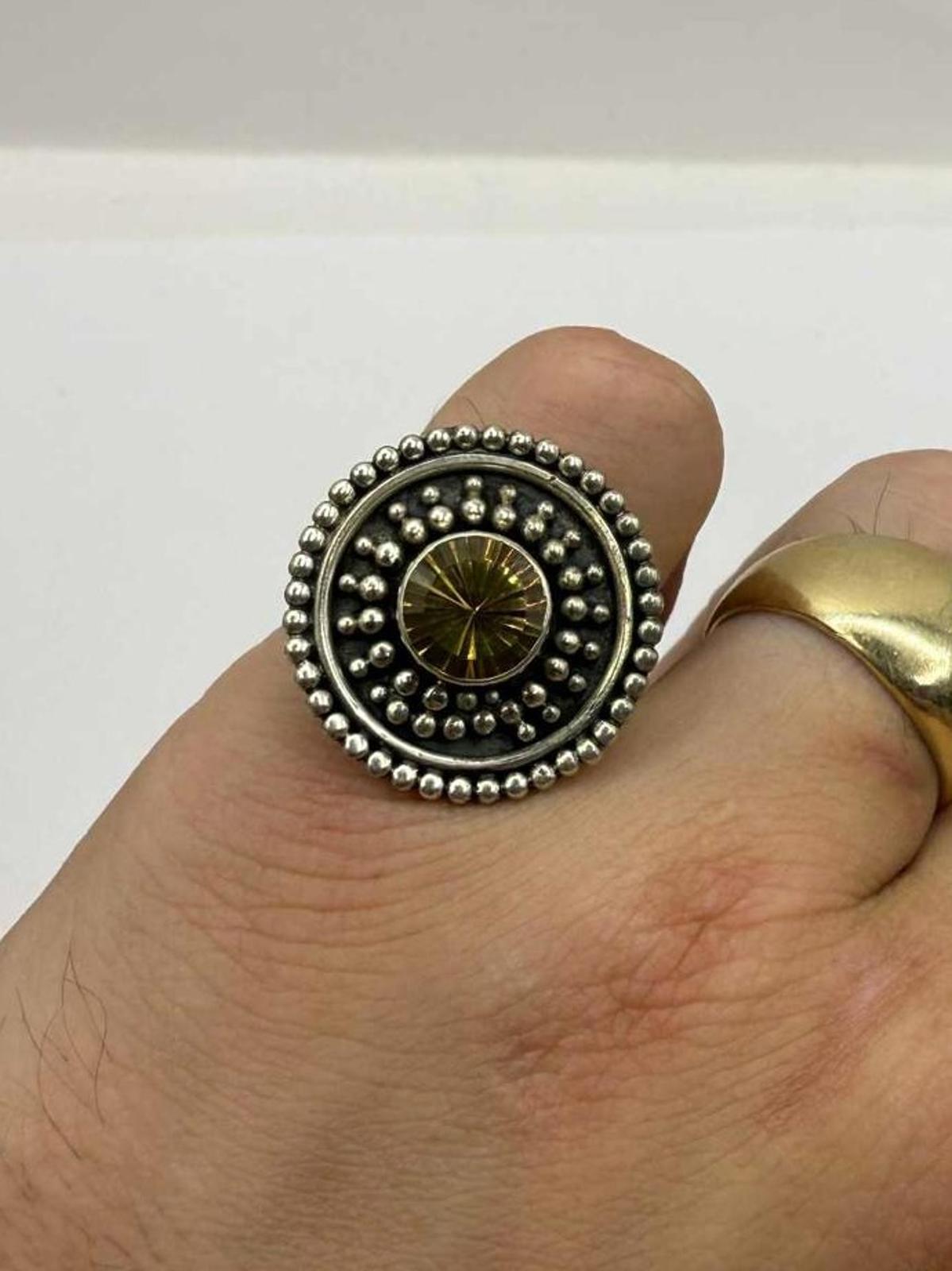 Unique 925 Sterling Silver Yellow Stone Ring • 8.86 Grams • Size - P