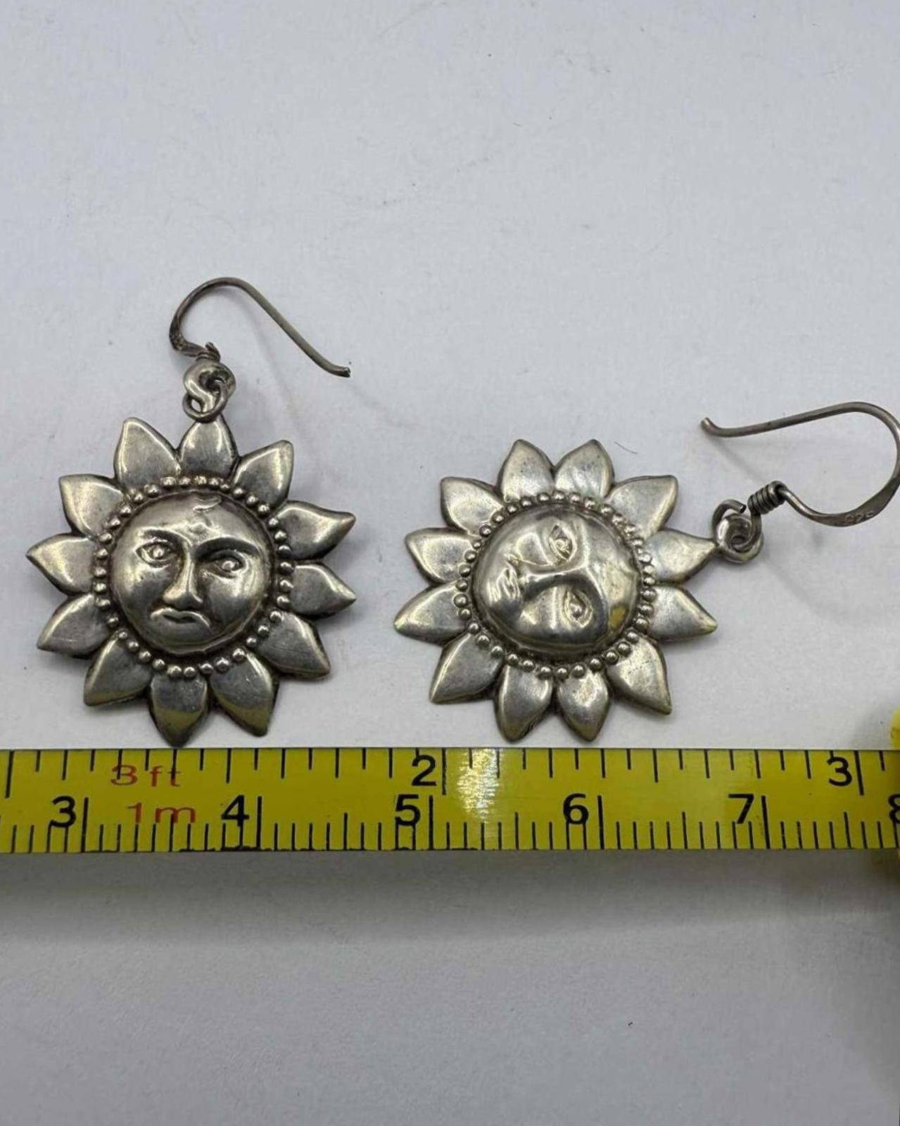 Quality 925 Sterling Silver Sun Face Dangle Earrings• 3.26 Grams