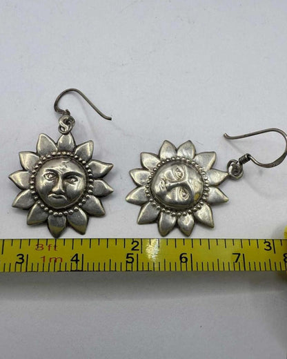 Quality 925 Sterling Silver Sun Face Dangle Earrings• 3.26 Grams